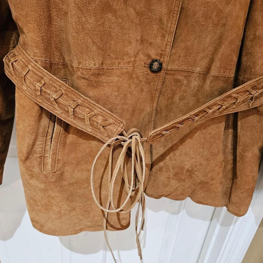 90s boho hippie brown suede leather belted jacket - Picture 2 of 6